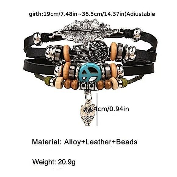 Rustic Festival Statement Bracelet Hand of Fatima, Owl & Leaf Charm Jewelry - Picture 3 of 5